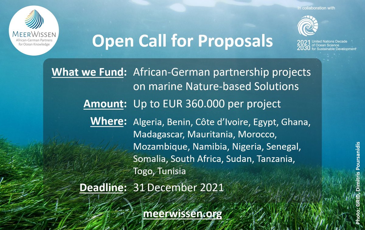 MeerWissen Initiative (@_meerwissen) on Twitter photo 📢 Only 16 days left until the 𝐝𝐞𝐚𝐝𝐥𝐢𝐧𝐞 for our 3rd Call for Proposals for African-German research projects on marine and coastal #NatureBasedSolutions!
Developed as a contribution to the <a href="/UNOceanDecade/">UN Ocean Decade</a> with <a href="/IocUnesco/">UNESCO Ocean</a>.
More info on our website:
🔗meerwissen.org/3rd-call-for-p… 📢 Only 16 days left until the 𝐝𝐞𝐚𝐝𝐥𝐢𝐧𝐞 for our 3rd Call for Proposals for African-German research projects on marine and coastal #NatureBasedSolutions!
Developed as a contribution to the <a href="/UNOceanDecade/">UN Ocean Decade</a> with <a href="/IocUnesco/">UNESCO Ocean</a>.
More info on our website:
🔗meerwissen.org/3rd-call-for-p…
