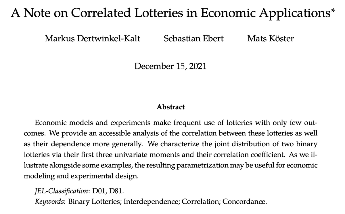 MatsKoester's tweet photo. #EconTwitter do you know how amazing binary lotteries are? Not only are they simple and make our models tractable, they also have very nice statistical properties that ease economic interpretations. So, we thought it might be worthwhile to write this down. What do you think? 1/7 https://t.co/Tr7pjauzfR