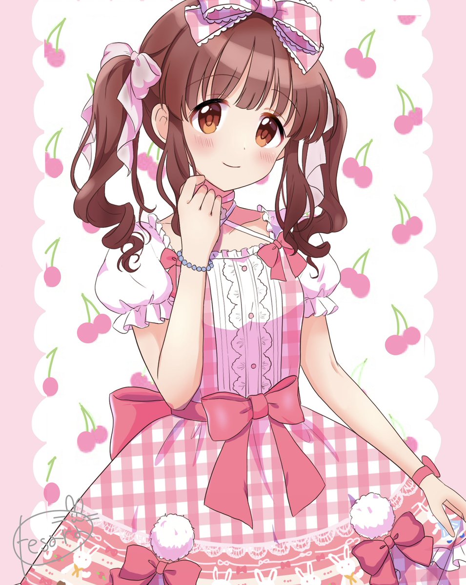 ogata chieri 1girl solo twintails dress bow brown hair smile  illustration images