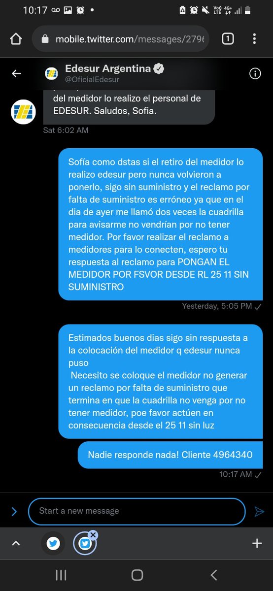 Rodolfogallo18's tweet photo. @OficialEdesur @OficialEdesur te manda al privado, te cuelga el mensaje y no resuelven nada desde el 25.11 sin medidor, ha en un reclamo por falta de suministro que termina en nada ya que la cuadrilla indica no puede venir, sin solución o respuesta p todos sus canales 
@BAconsumidor @ENRE_ARG https://t.co/dyGLJIZzjy