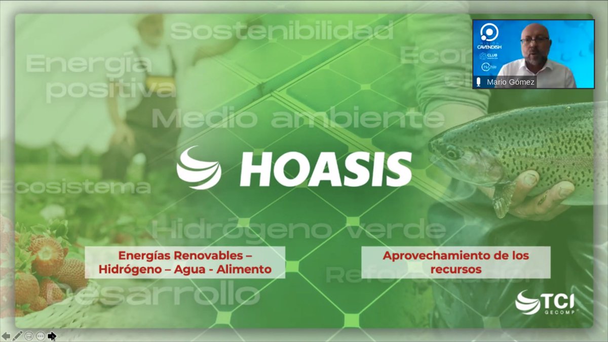 clubdinnovacion's tweet photo. 🔴AHORA en #MisiónCavendish: Mario Gómez, Presidente de @tcigecom presenta el proyecto #Hoasis, iniciativa de #hidrógenoverde que ya está en marcha en Antofagasta, Chile: "El hidrógeno consume muy poca agua en comparación a minería y usos consultivos". https://t.co/gva7ac1O3G