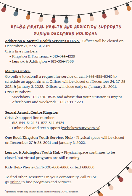MentalHlth_LDSB's tweet photo. Holidays can be difficult for many reasons. If you or a loved one are in need of wellness supports, please reach out. Many #KFLA agencies are open while schools are closed, and crisis lines are answered 24/7. #LDSBeWell https://t.co/RdqfGXTpbD