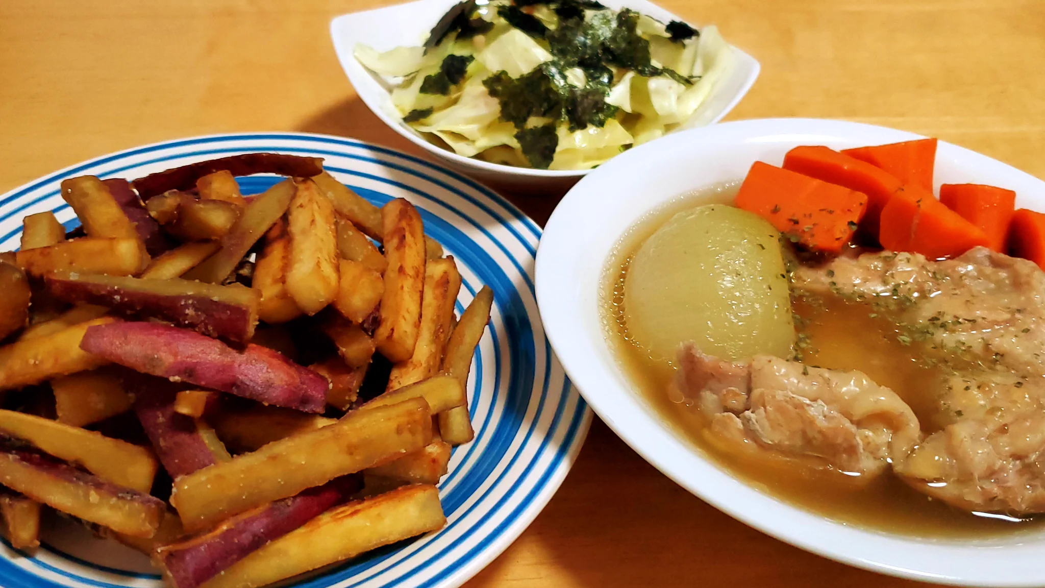 [168]さつま芋のフライドポテト+鶏炊飯スープ+無限キャベツ #たなか飯2021  