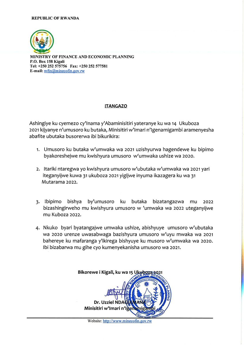 RwandaFinance's tweet photo. Itanganzo: Ashingiye ku cyemezo cy’Inama y’Abaminisitiri yateranye kuwa 14 Ukuboza 2021, kijyanye n’umusoro ku butaka, Minisitiri w’Imari n’Igenamigambi aramenyesha abafite ubutaka busorerwa ibi bikurikira: https://t.co/rIqwCznLyk