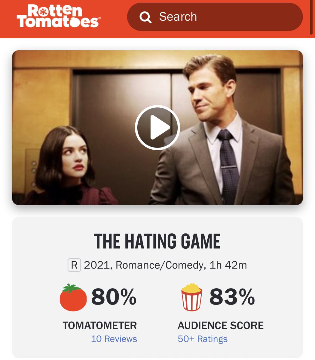 The Rotten Tomatoes score for #TheHatingGame starring Lucy Hale and Austin Stowell has increased to 80%.