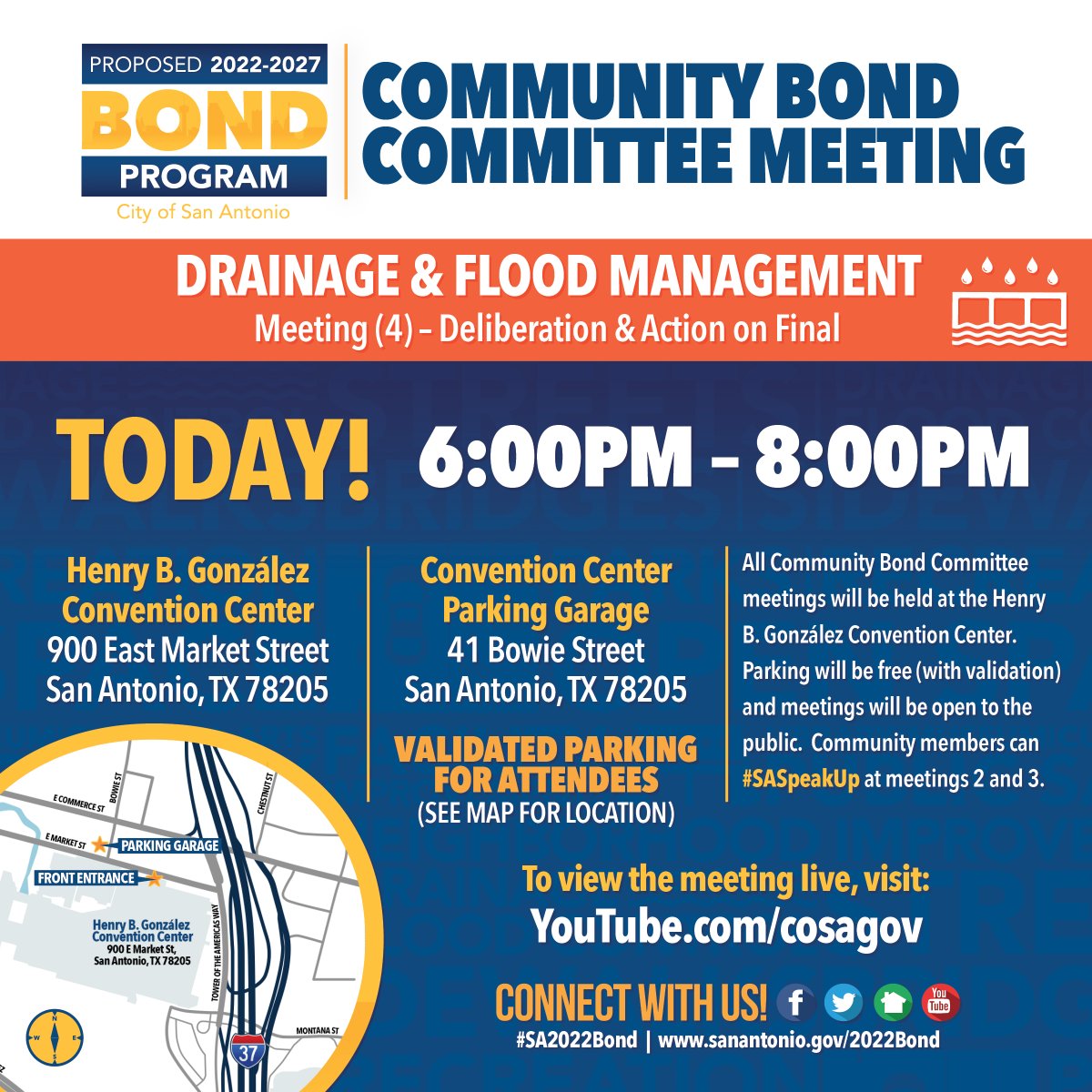 SAPublicWorks's tweet photo. Attend tonight's #SA2022bond meeting. Make your voice heard about future drainage for your city. Visit https://t.co/hKh96maHc3. To view the meeting live, visit https://t.co/q4vmbJDI6I. #MaskEncouraged #DoItForSA https://t.co/gLAno78npC