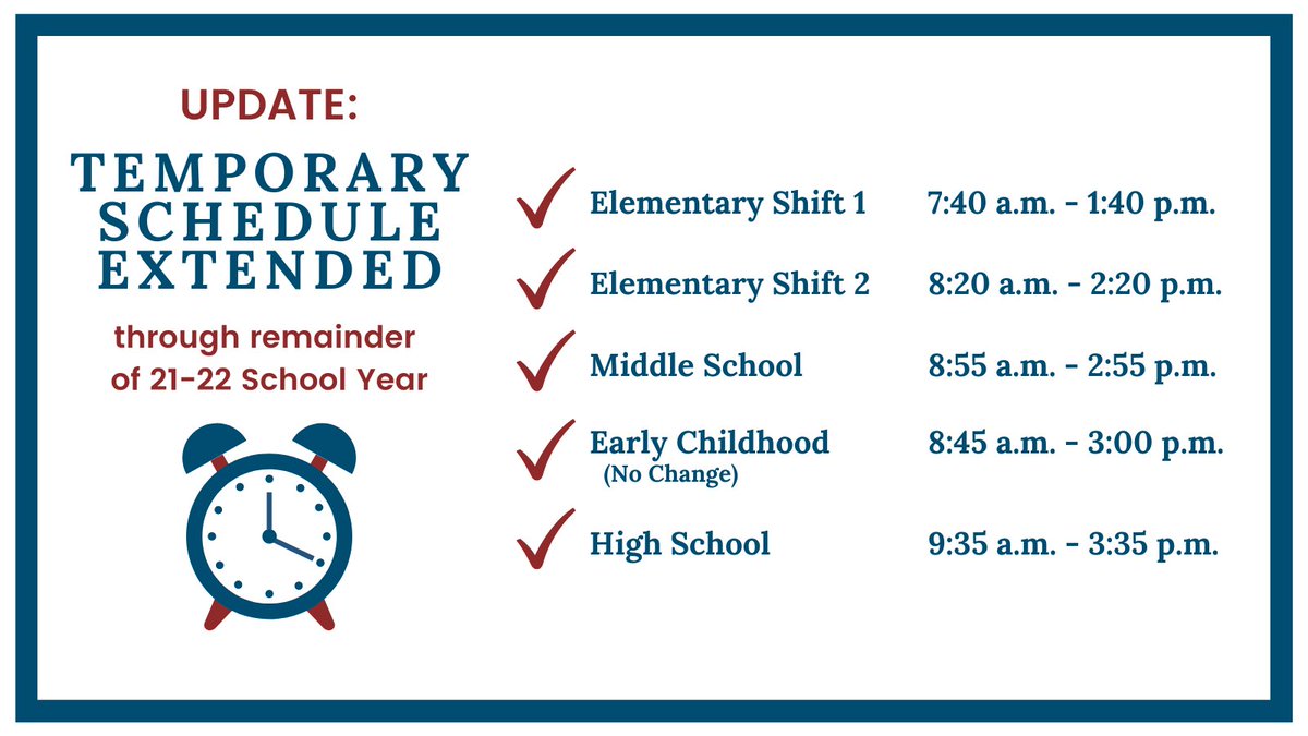 SCPSchools's tweet photo. The Stafford County School Board voted to extend the current bell schedule through the end of the 21-22 year at its regular meeting on December 14. https://t.co/zpBPbeksYo