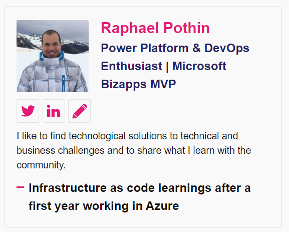 RaphaelPothin's tweet photo. I am so happy, I have been selected to speak at the #ScottishSumit2022 🤩
The surprising side is that I will not talk about the #PowerPlatform 🙀
I will talk about my #InfrastructureAsCode journey in @Azure using #ARMTemplate and later @BicepLang.
#DevOps #Automation https://t.co/wDHbUR4WPe