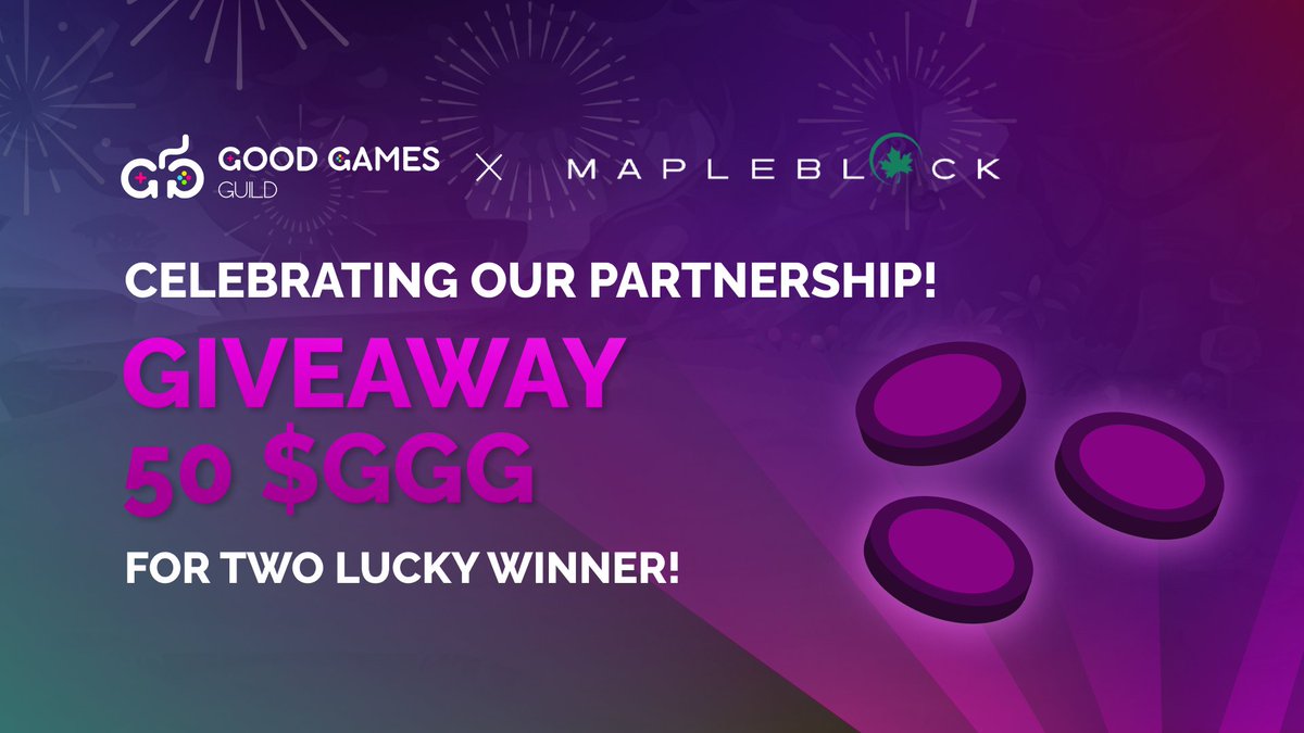 Good Games Guild (@goodgamesguild) on Twitter photo To celebrate our partnership with <a href="/Maple_block/">Mapleblock Capital</a>, we are doing a giveaway of 50 $GGG (~USD $250) each for two lucky winners.🎉
📌How to join?
1. Follow us <a href="/goodgamesguild/">Good Games Guild</a> and our partner <a href="/Maple_block/">Mapleblock Capital</a>
2. Retweet and Like this post
🔸Winners will be announced on Sunday, 18th Dec. To celebrate our partnership with <a href="/Maple_block/">Mapleblock Capital</a>, we are doing a giveaway of 50 $GGG (~USD $250) each for two lucky winners.🎉
📌How to join?
1. Follow us <a href="/goodgamesguild/">Good Games Guild</a> and our partner <a href="/Maple_block/">Mapleblock Capital</a>
2. Retweet and Like this post
🔸Winners will be announced on Sunday, 18th Dec.