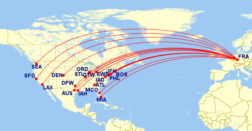 fly_further's tweet photo. How many destinations can you count? Lufthansa's US network from Frankfurt (FRA) next summer! #lufthansa #flyfurther https://t.co/eiCkndfrGp