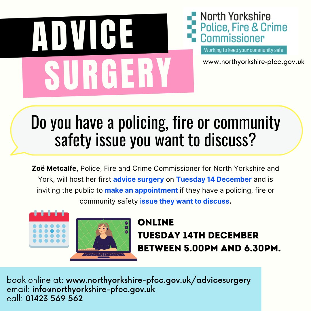 Do you have a policing, fire, or community safety issue you’d like to discuss? 🗣💡🔍🚨❓

Check out the information below to find out how you can have a chat with our Police, Fire and Crime Commissioner...

To book your appointment:
📲 book online at: northyorkshire-pfcc.gov.uk/advicesurgery