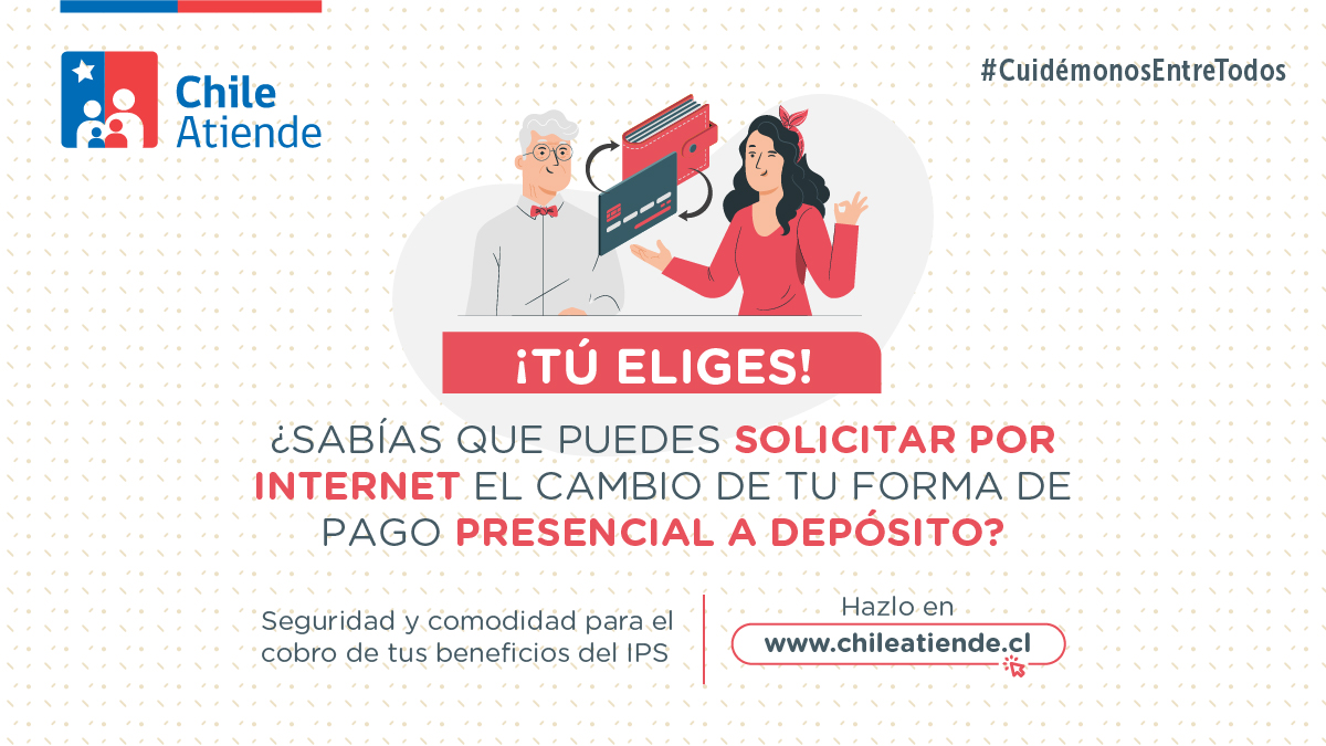 IPSChile's tweet photo. ⚠️ Atención ⚠️  
Si cobras un beneficio del IPS 💰 en forma presencial, #TúEligesTuFormaDePago 

✔️ Puedes solicitar el cambio a depósito bancario en 💻 https://t.co/32KnoilDWt 

Más información sobre cómo cambiar tu modalidad de pago aquí 👉 https://t.co/mIrlrTxKnh https://t.co/u7IcWArzpZ