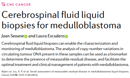 NatRevClinOncol's tweet photo. In a new News &amp; Views article, Joan Seoane &amp; Laura Escudero discuss the potential utility of cerebrospinal fluid liquid biopsies for medulloblastoma: https://t.co/MOIiqOxOPV #pedcsm #BTSM #camoldx #pedonc #cactc https://t.co/pYkyw886W2