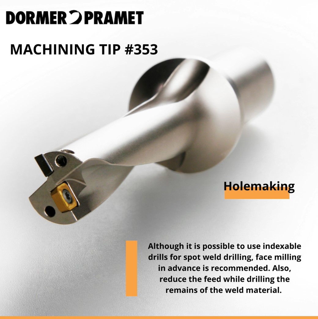 DormerPramet's tweet photo. #Machiningtip 353: Although it is possible to use indexable drills for spot weld drilling, face milling in advance is recommended. Also, reduce the feed while drilling the remains of the weld material.
#hintsandtips #machining #cuttingtools https://t.co/fi1iAQXq8f