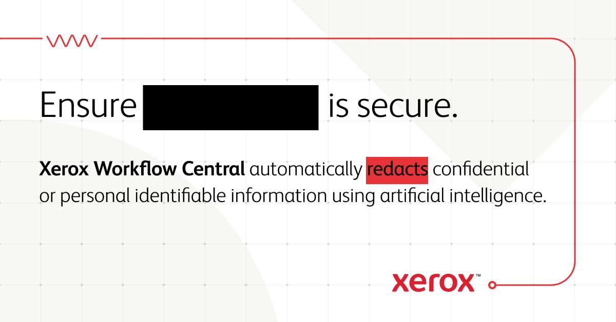 Xerox's tweet image. Say goodbye to the time-consuming and error-prone process of manual redaction. Use the #AI in Xerox Workflow Central to remove critical words or phrases. Learn more: xerox.bz/31XfEGt 
#workflowcentral #productivityfromanywhere