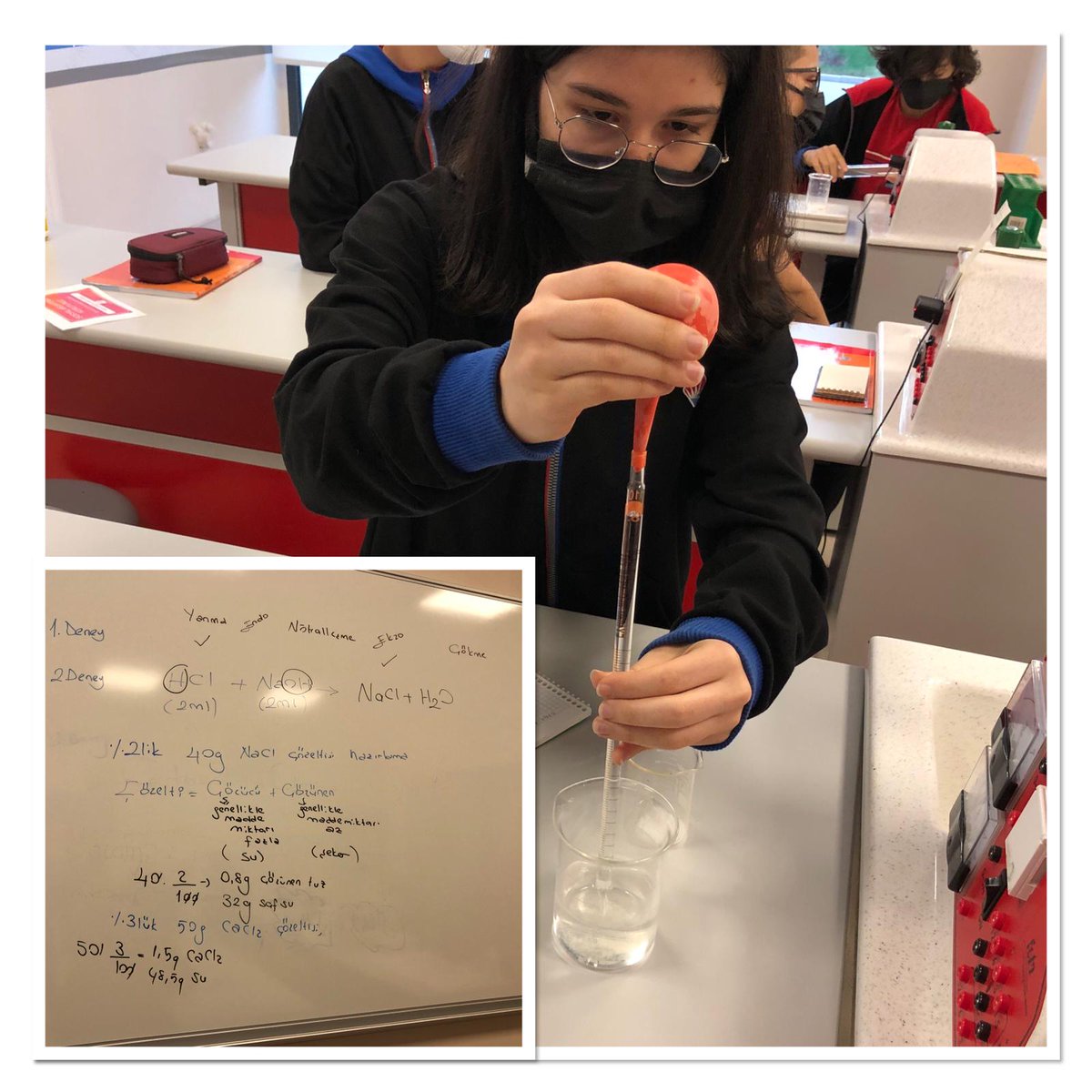 BK_Canakkale's tweet photo. Anadolu Lisesi 9.sınıf öğrencilerimizle Kimya dersinde laboratuvarda Kütlece ve Hacimce Yüzde hesaplamaları yaparak katı ve sıvı maddelerle “Çözelti Hazırlama” deneyini gerçekleştirdik. #bahçeşehirkoleji https://t.co/9US9jnyVaj
