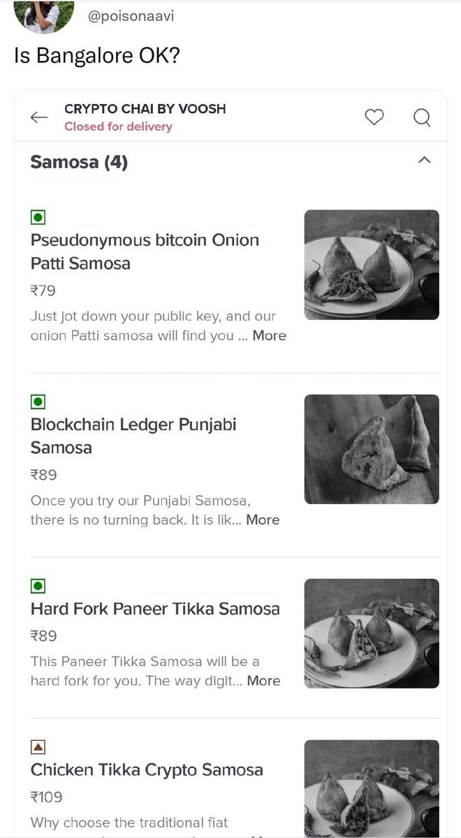 src98306's tweet photo. #cryptocurrency #Crypto 

When owner loves to trade crypto but needs money to invest ..
Samosa becho crypto lelo https://t.co/VpDOAGpKuP