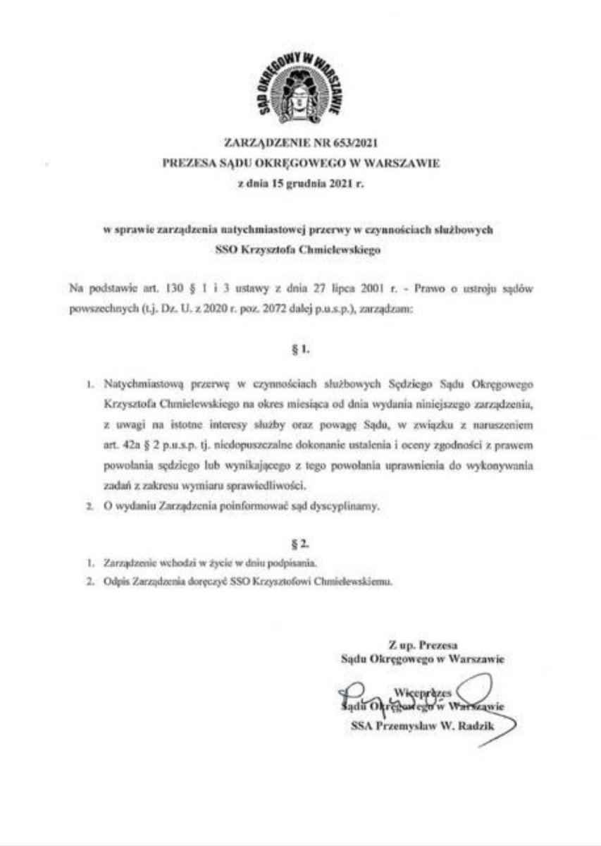 JudgesSsp's tweet photo. Dziś kolejny niezawisły sędzia,Krzysztof Chmielewski z SO w Warszawie,został bezprawnie odsunięty od orzekania. Wydał postanowienie,które nie podoba się Ministrowi @ZiobroPL Decyzję podjął neosędzia @ZRDSSP_Radzik ,który w ten sposób pośrednio broni awansu własnego i swojej żony. https://t.co/Y3Oq5MU62N