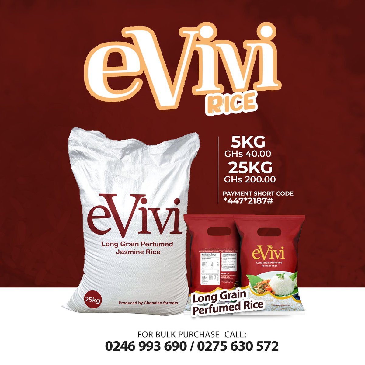 Excited about the work that has gone into growing, milling and packaging this rice brand right here in #Ghana &amp; ready to be eaten by all of us.

Order via *447*2187#

Free delivery for 25kg and above