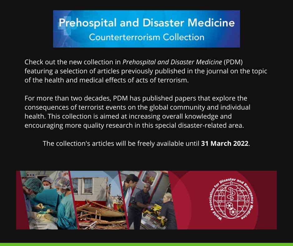 WADEM_PDM's tweet image. PDM has launched its first-ever special collection on the health and medical effects of acts of #terrorism. The collection can be freely accessed at the following link until 31 March 2022 - cambridge.org/core/journals/…. #EMS #triage #ambulances #CBRNE #FirstResponders #prehospital
