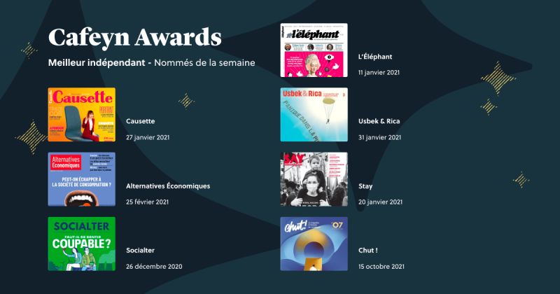 Bonne nouvelle de fin d'année : SAY est nommé aux #CafeynAwards 2021 dans la catégorie "meilleur indépendant", auprès des magazines <a href="/LelephantRevue/">l'éléphant La revue</a>, <a href="/CausetteLeMag/">CausetteLeMag</a>, <a href="/USBEKetRICA/">Usbek & Rica</a>, <a href="/AlterEco_/">Alternatives Economiques</a>, <a href="/Socialter/">Socialter</a>, <a href="/Chut_magazine/">Chut Magazine</a> 🥳

À lundi, pour le résultat 🏆👉
lnkd.in/dCRXtDTv 🤞