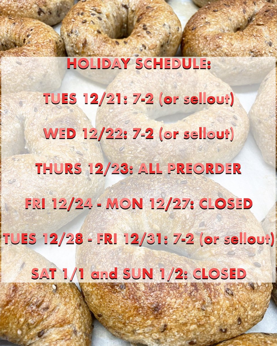 Holiday sched. Preorders for 12/23, then closed for a few!