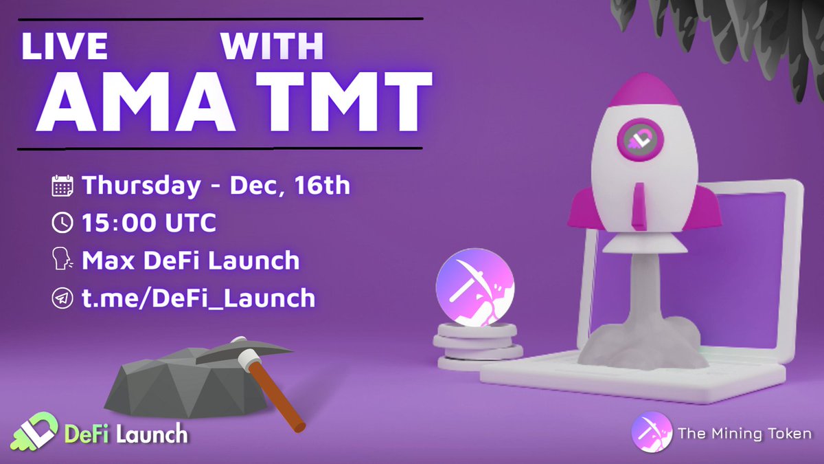 defi_launch's tweet photo. 🗣AMA with The Mining Token today!🗣

This time we will meet on our telegram channel with @mining_token 💪🚀 https://t.co/FWjMtJBQ8r

Stay tuned! 
There will be a lot of information and we will know more about the upcoming developments 🟣⛏

#DeFi #AMA #Giveaway #TMT https://t.co/VcQdPVOSik