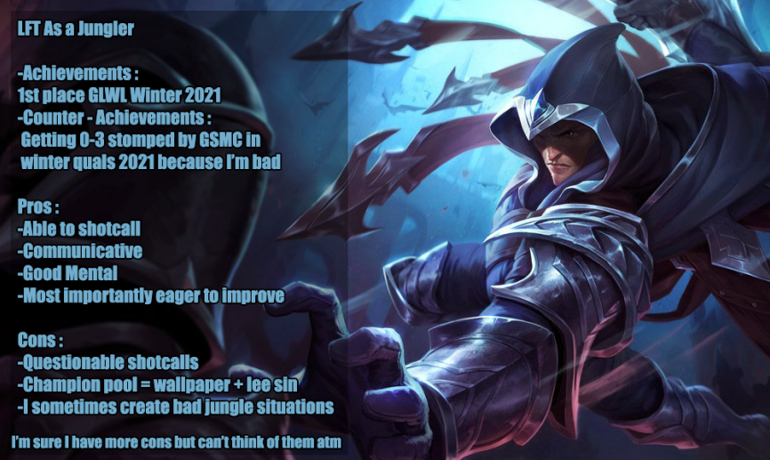 THE MOST HONEST LFT POST EVER 

Contant info: 
dm here 
discord : tsoutsouniera#5142
lolpros.gg/player/tsounis
ps: I'll pick out the most interesting offers, idk if I can pick them all, sorry if I reject ._.