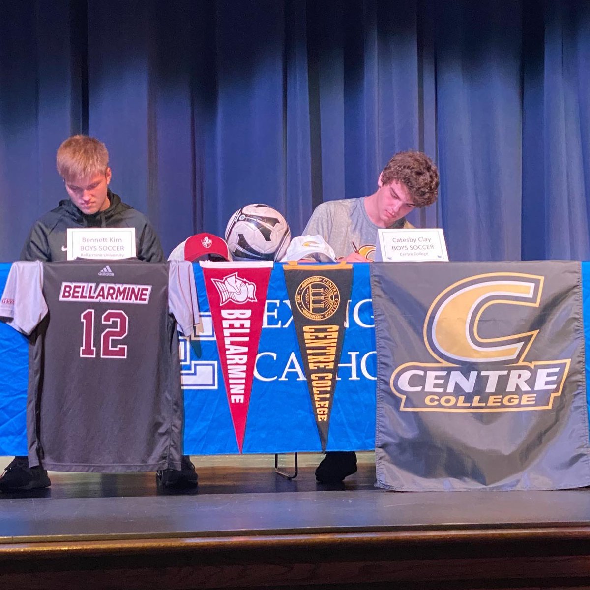 LexCathSoccer1's tweet photo. Today Bennett Kirn &amp; Catesby Clay made it official &amp; signed to play soccer at @BUKnightsMSOC &amp; @CentreSoccer. Congratulations &amp; thanks for all of your leadership, dedication &amp; hard work for our Knights over these past 4 years. @LexCathSports @CincyUnitedCUPB @JavanonFC https://t.co/RMnc1CmfC4