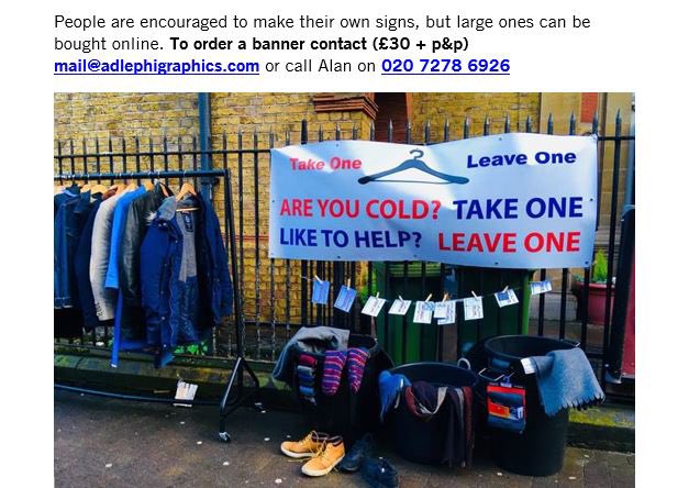 1/. #TakeOneLeaveOne are having our annual press launch this Friday 1pm-2pm at Vauxhall bus station &amp; - with your help - will be coming to a town near you

Put up a rail with warm clothes

Put up a sign saying: "If you're cold take one, if you can help leave one”

FIND OUT HOW👇