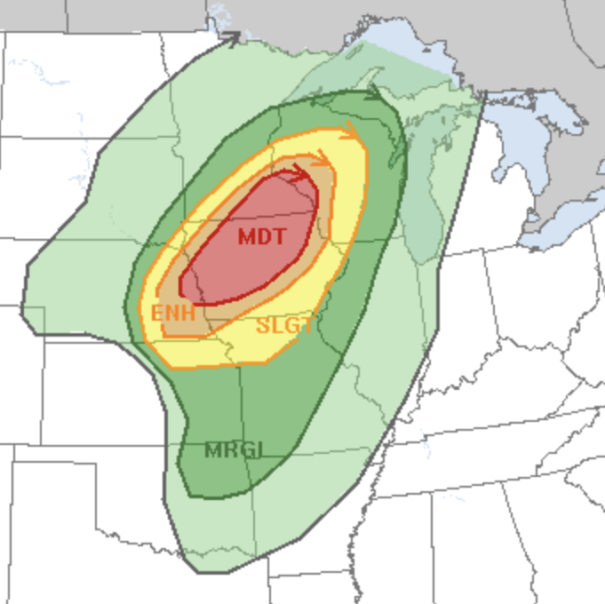 Severe risk for WI and neighboring states today and tonight. Stay weather aware. #wiwx #skywarn