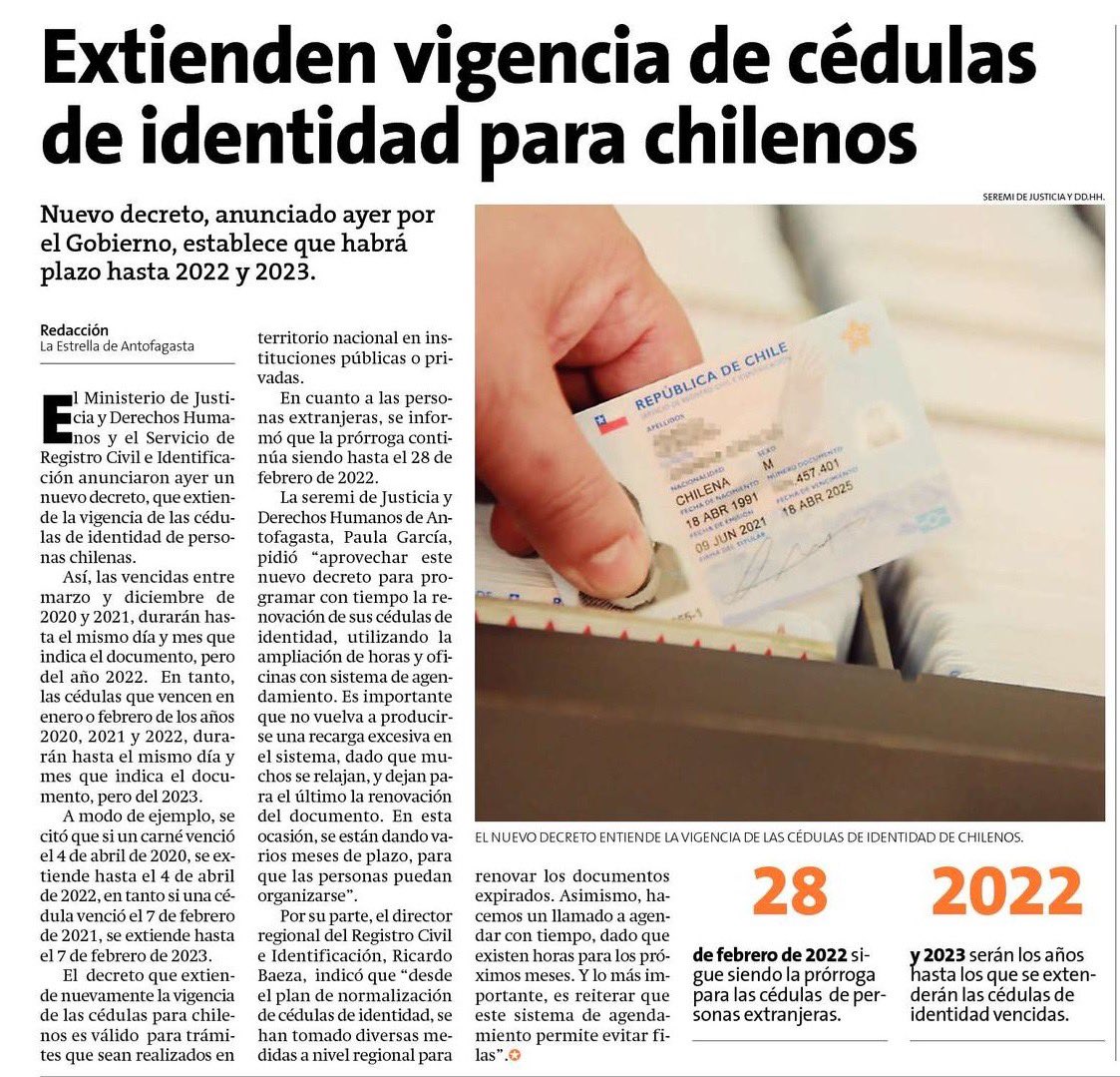 MinjudhAntof's tweet photo. PRENSA 🔎 Extienden vigencia de cédulas de identidad para chilenos (as). Nuevo decreto, anunciado ayer por el Gobierno, establece que habrá plazo hasta 2022 y 2023. 

Revisa más detalles en la nota de @laestrellantofa 👇🏻 https://t.co/WgVnL66YRl