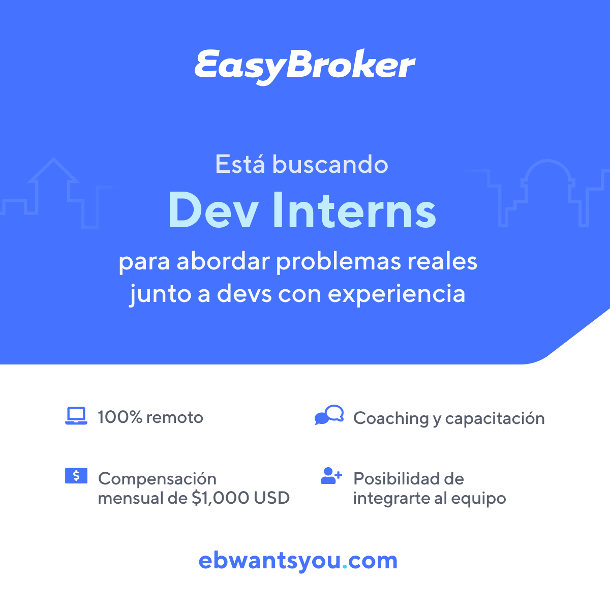 EasyBroker's tweet photo. Estamos buscando Dev interns 💻 con muy buenos fundamentos en programación para hacer su pasantía con nosotros. Conoce más acá; https://t.co/caLeCLBrlm

✅Tiene una duración de 3 meses pagados, inicia el 17 de enero del 2022.
⚠️La fecha límite para aplicar es el 31 de diciembre. https://t.co/052QxAe94H