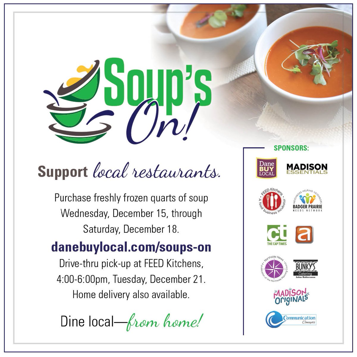 dane_buy's tweet photo. Time to put your order in for soup! You'll love having this on hand when you are sick of cooking holiday meals. Order through Saturday, Dec. 18.
https://t.co/OmgGHU53k7
#eatlocal #buylocal #shoplocal #giftlocal #danecountywi https://t.co/hVigqbnO7u