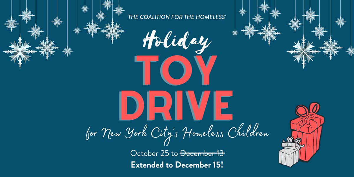 Last chance! Our toy drive ends TODAY. 
Can you help us make this holiday season special for a homeless child? Nearly 15,000 kids will spend this season in homeless shelters, and a little toy can bring a lot of joy. Buy a toy from our wish list: coalitionforthehomeless.org/event/2021-hol…