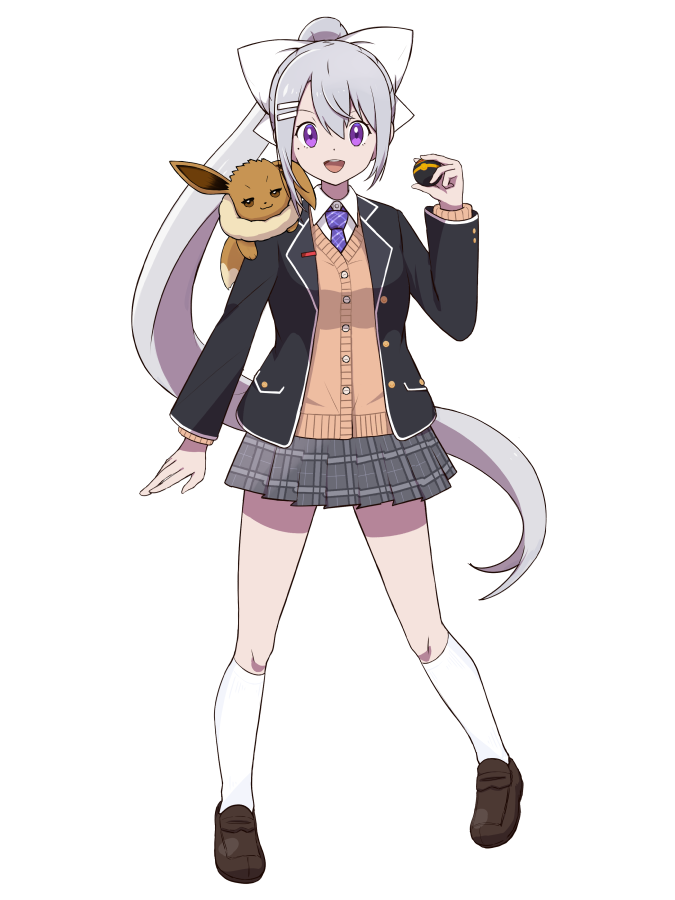 eevee ,higuchi kaede 1girl holding poke ball poke ball skirt pokemon (creature) ponytail necktie  illustration images