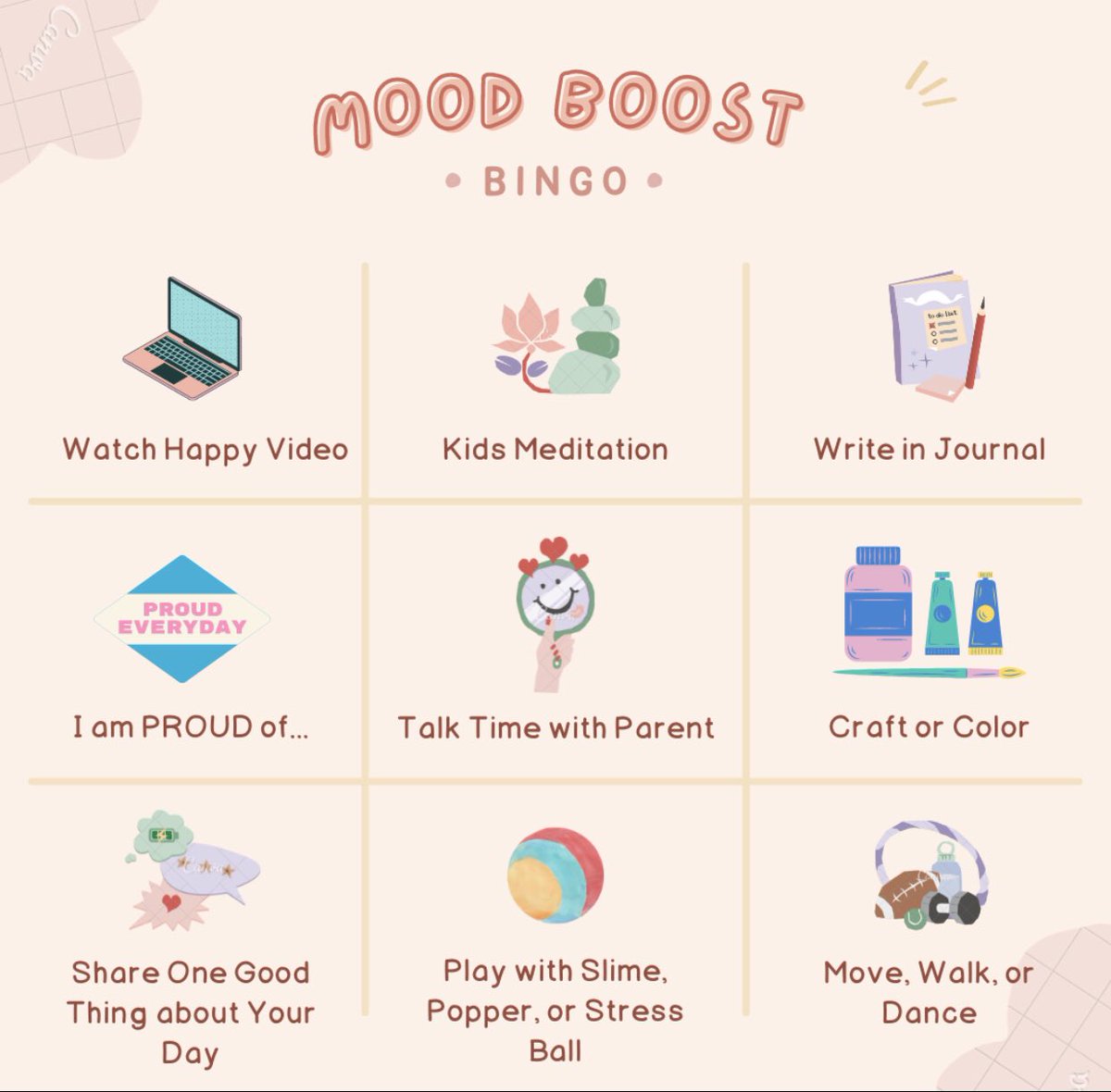 I just made this for a young patient… but, thinking many of us could use some #moodboostbingo. Cover all for the win! #thisispedspsych #mentalhealth