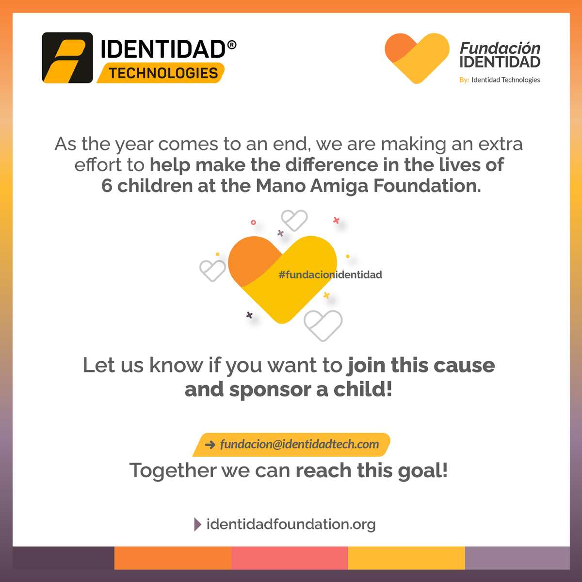 IdentidadFund's tweet photo. Help us sponsor the education of 6 children from the Mano Amiga Foundation in Colombia🌟. More info at: fundacion@identidadtech.com https://t.co/8yVEnMGNTa