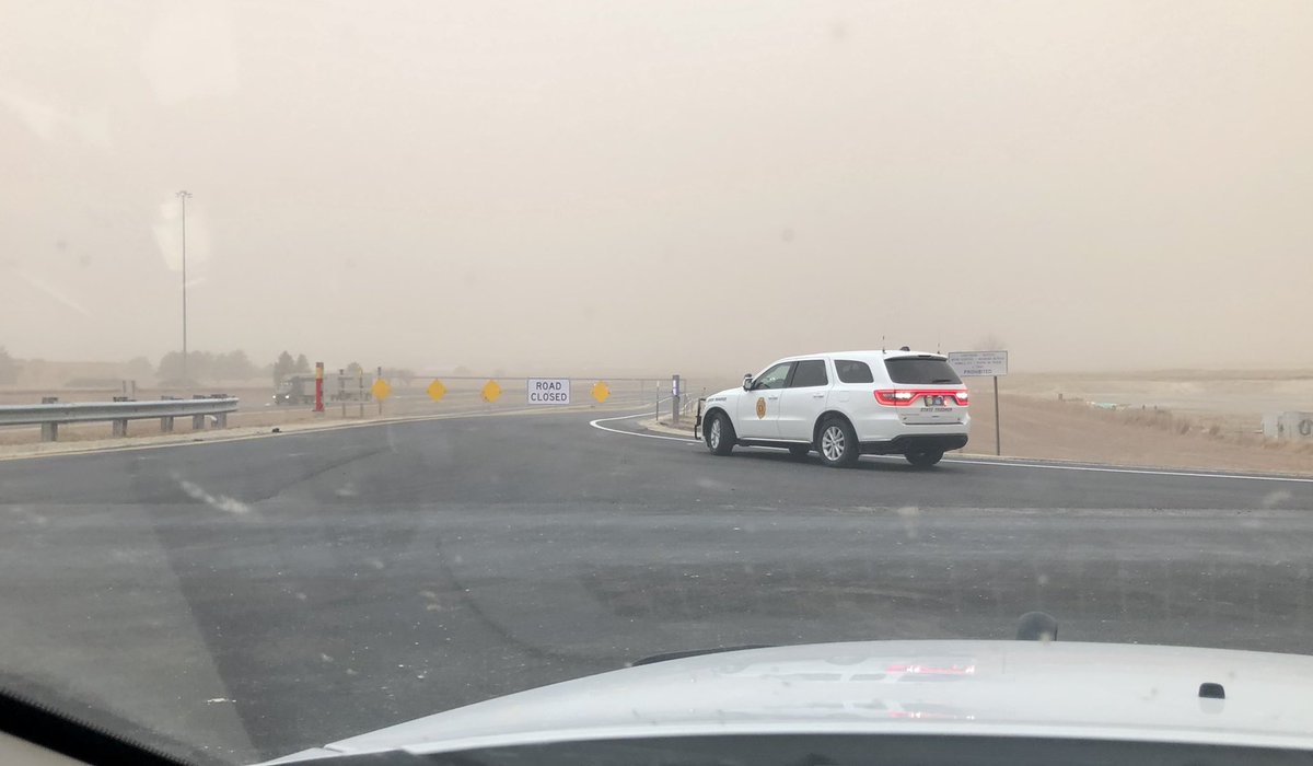 TrooperTodKHP's tweet photo. I-70 now closed from Hays to Colorado, both directions. West of Wakeeney we have brownout conditions and zero visibility. 

The second wave of winds and dust is headed for Hays. Reports of windows blow out in Wakeeney.

PLEASE DELAY TRAVEL UNTIL THIS PASSES! 

@KSwx https://t.co/sU8TJU9oWV