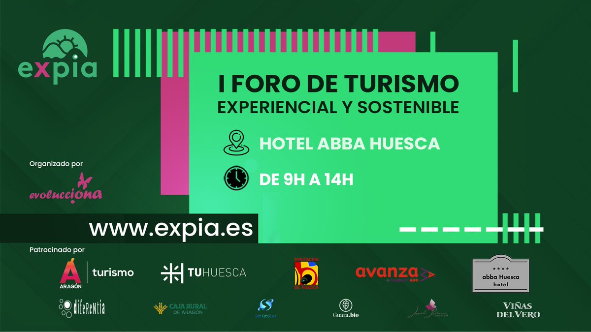 EXPIA – I Foro de Turismo Experiencial y Sostenible 🌍

Inscríbete en inscribirme.com/expia2021
o sigue el evento en streaming en:
youtube.com/watch?v=-guMnK…

<a href="/TUHUESCA/">TUHUESCA Turismo provincia de Huesca</a> <a href="/aragonturismo/">Turismo de Aragón</a> <a href="/DPHuesca/">Diputación de Huesca</a> <a href="/Avanzabuses/">Avanza</a> <a href="/VinasdelVero/">Viñas del Vero</a> <a href="/CajaRuralAragon/">Caja Rural de Aragón</a> <a href="/guarabio/">Guarabio</a> <a href="/gDiferentia/">Grupo Diferentia</a> <a href="/AbbaHuesca/">abba Huesca Hotel</a> #expia21