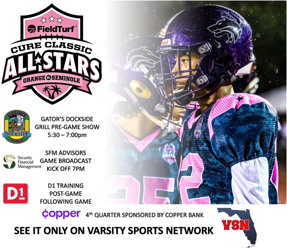 VSNflorida's tweet photo. We are honored to cover not only a top All-Star Game but the cause it represents. We are donating $1000 to #BeatCancer. Thank you to our sponsors @SFMadvisorgroup @D1Sports #GatorsDockside @CopperBanking
๐บ https://t.co/5gAikc5n3i
@CC_All_Stars https://t.co/FYj5q56H36