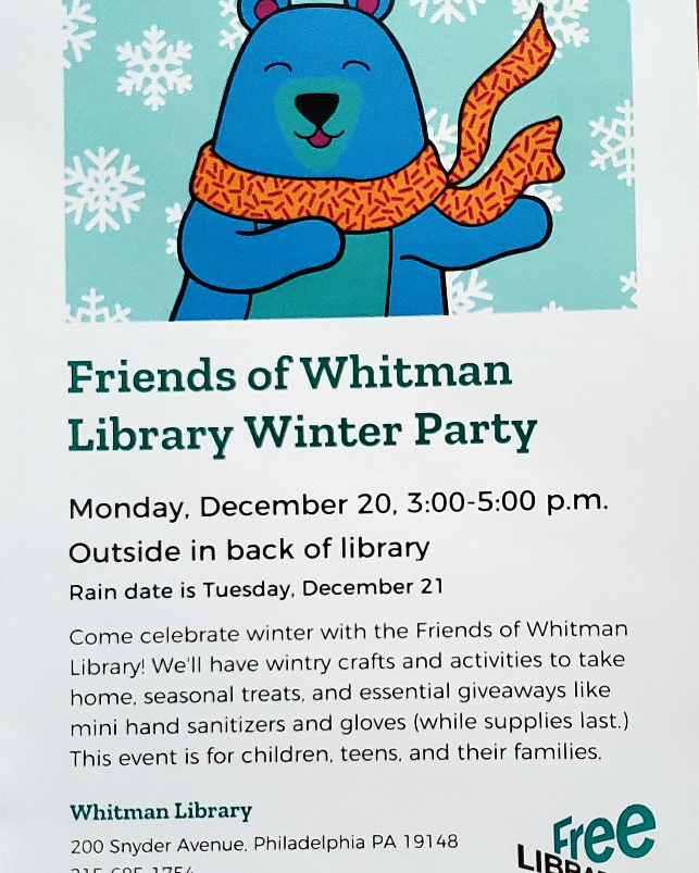 SouthPhillyRead's tweet photo. Come out next Monday 12/20 3-5pm to Friends of Whitman Libray Winter Party! We will be in the patio (enter on 2nd St). We will have free hot chocolate, activities&giveaways!This is during public library hours, so pop inside too! #Readby4th #WhitmanLibrary #SouthPhillyReads https://t.co/EZoA9MOWJY