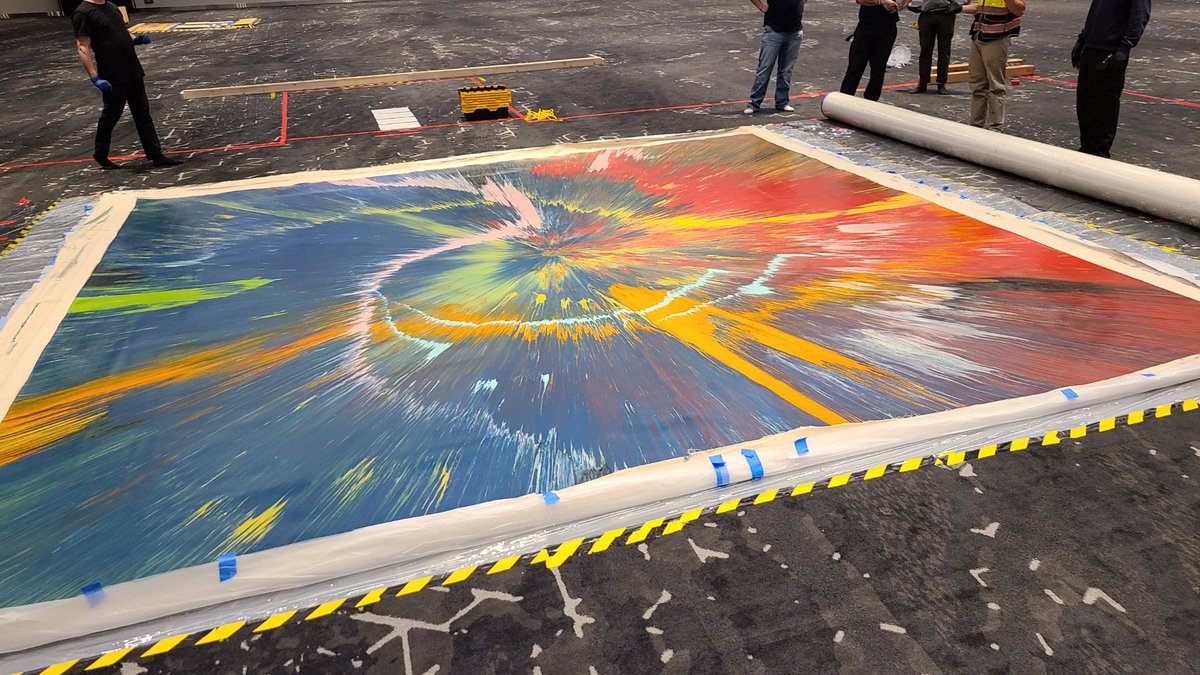 urbanoracle's tweet photo. Work begins on installation of “Beautiful Mystical Exploding Sun Clouds Taste Metallic”, 2012 by Damien Hirst and Wayne Coyne. the work spans 18’ h x 18’ w and will be on loan to the City for display at the Convention Center for a period of ten years. 📷 Tony Morton https://t.co/Rw8JjSZ25V