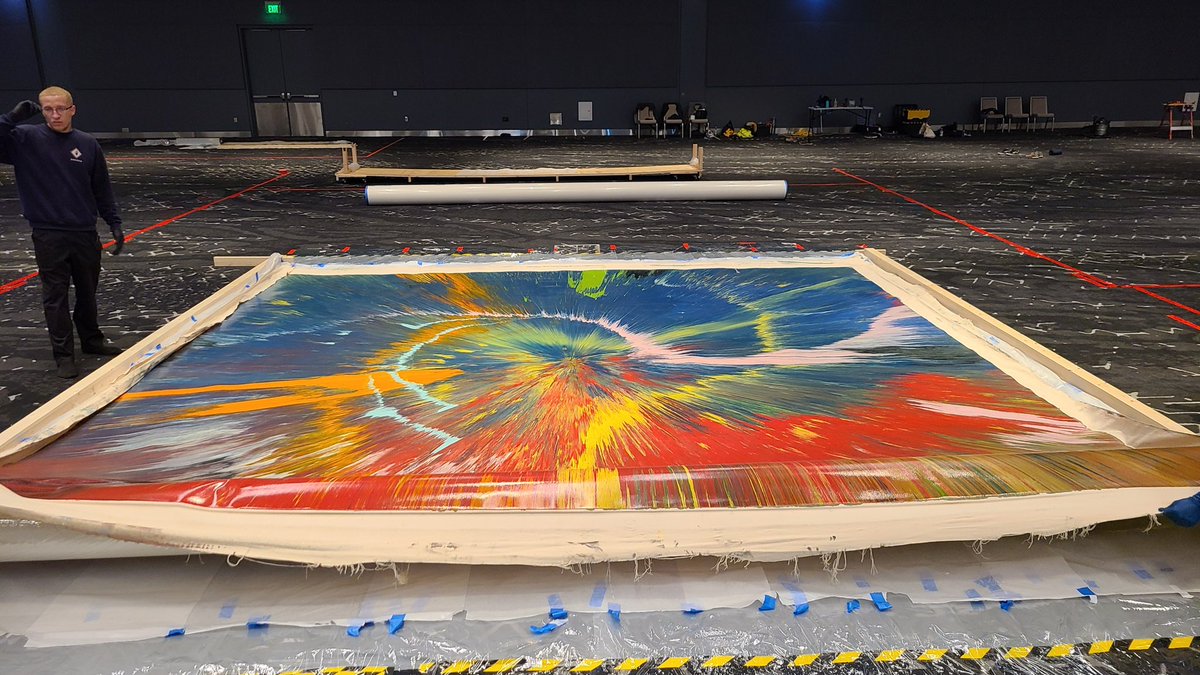urbanoracle's tweet photo. Work begins on installation of “Beautiful Mystical Exploding Sun Clouds Taste Metallic”, 2012 by Damien Hirst and Wayne Coyne. the work spans 18’ h x 18’ w and will be on loan to the City for display at the Convention Center for a period of ten years. 📷 Tony Morton https://t.co/Rw8JjSZ25V