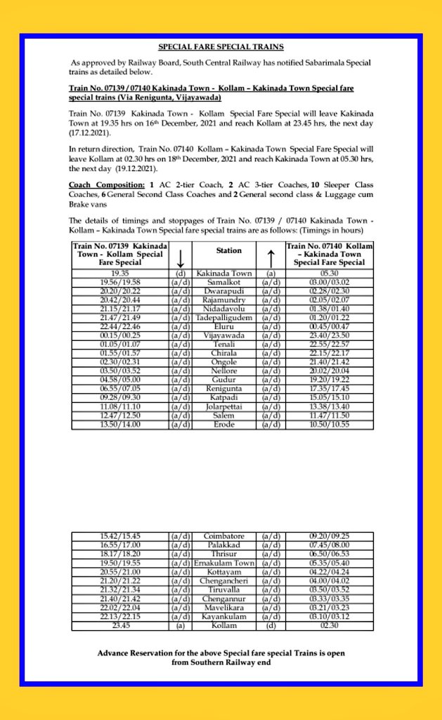 GMSRailway's tweet photo. Sabarimala Special trains between Kakinada Town - Kollam - Kakinada Town. Bookings open from SR end
#southernrailway
#SRUpdates https://t.co/GVBtOJso7s