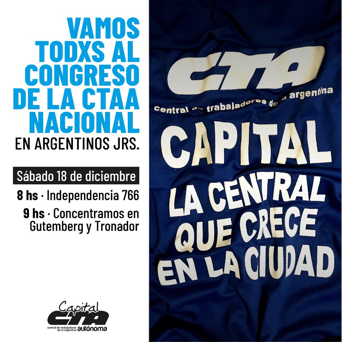 CTAACapital's tweet photo. Este 18/12 vamos con el mandato de nuestra militancia a participar del Congreso Nacional de la CTA Autónoma en el estadio de Argentino Jrs. Llegaremos con las propuestas surgidas de los encuentros de militancia que hicimos 2021 y la fuerza de ser la Central que crece en la Ciudad https://t.co/lEq8iFFC2C
