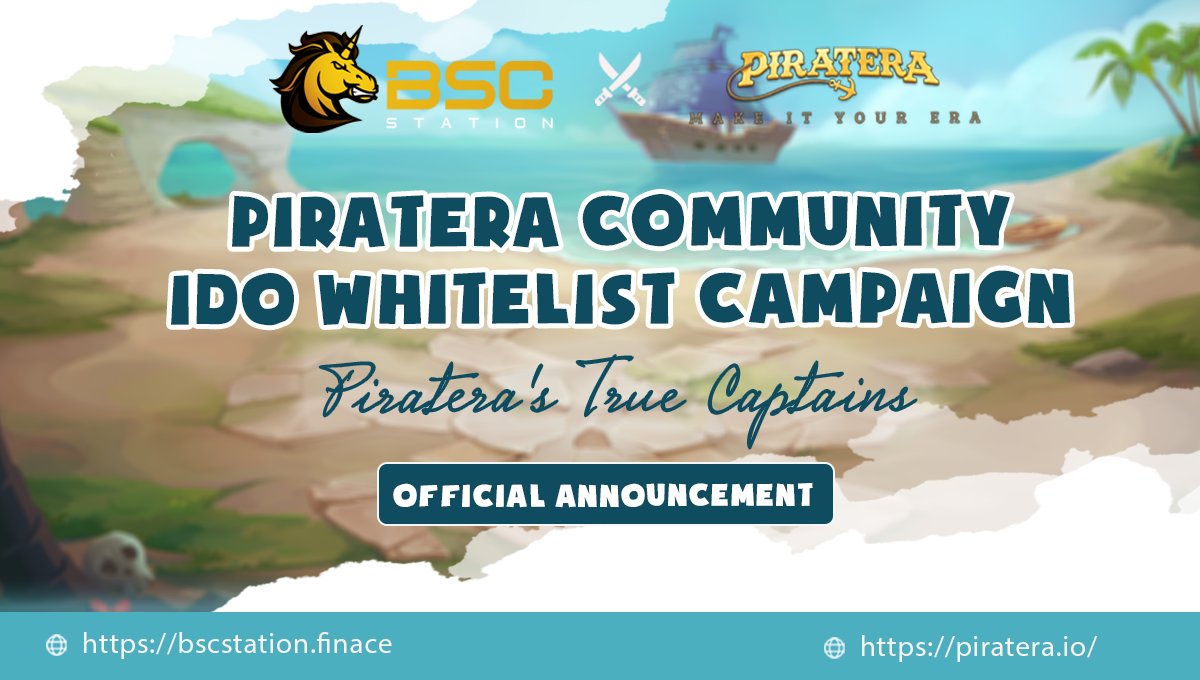 🌈Piratera IDO Community Whitelist Campaign
⏰ Time: 5PM, 15th Dec (UTC) - 5PM, 20th Dec (UTC)

🎁 Total amount for Piratera IDO Community Whitelist Campaign: $30,000 Allocation 

👉🏼 Detail: t.me/pirateraannoun…