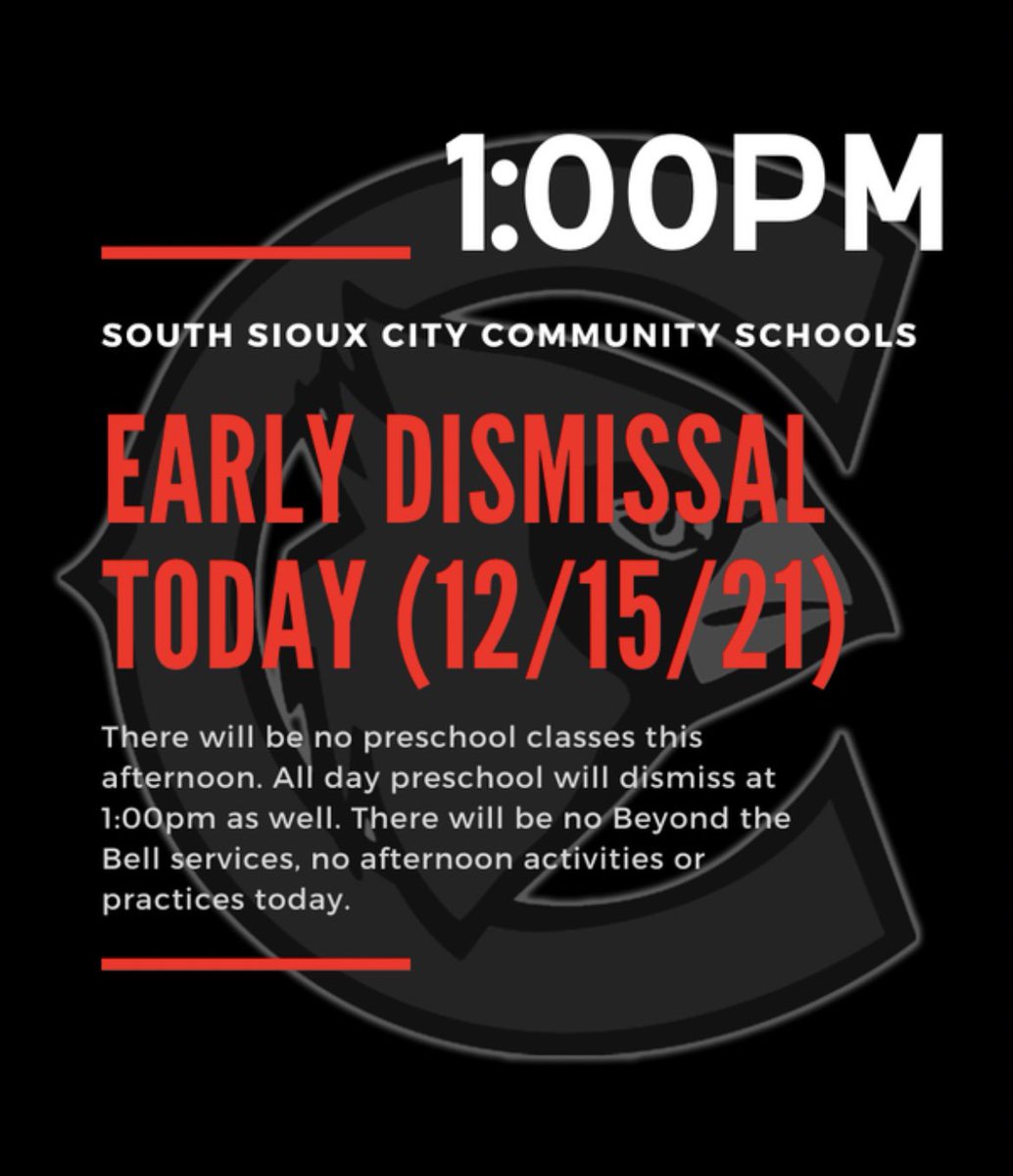 SSC Community School District will be dismissed at 1:00 pm today due to the predicted high winds and the threat of possible storms.  There will be no preschool classes this afternoon.   All day preschool will dismiss at 1:00pm as well.  There will be no Beyond the Bell services.