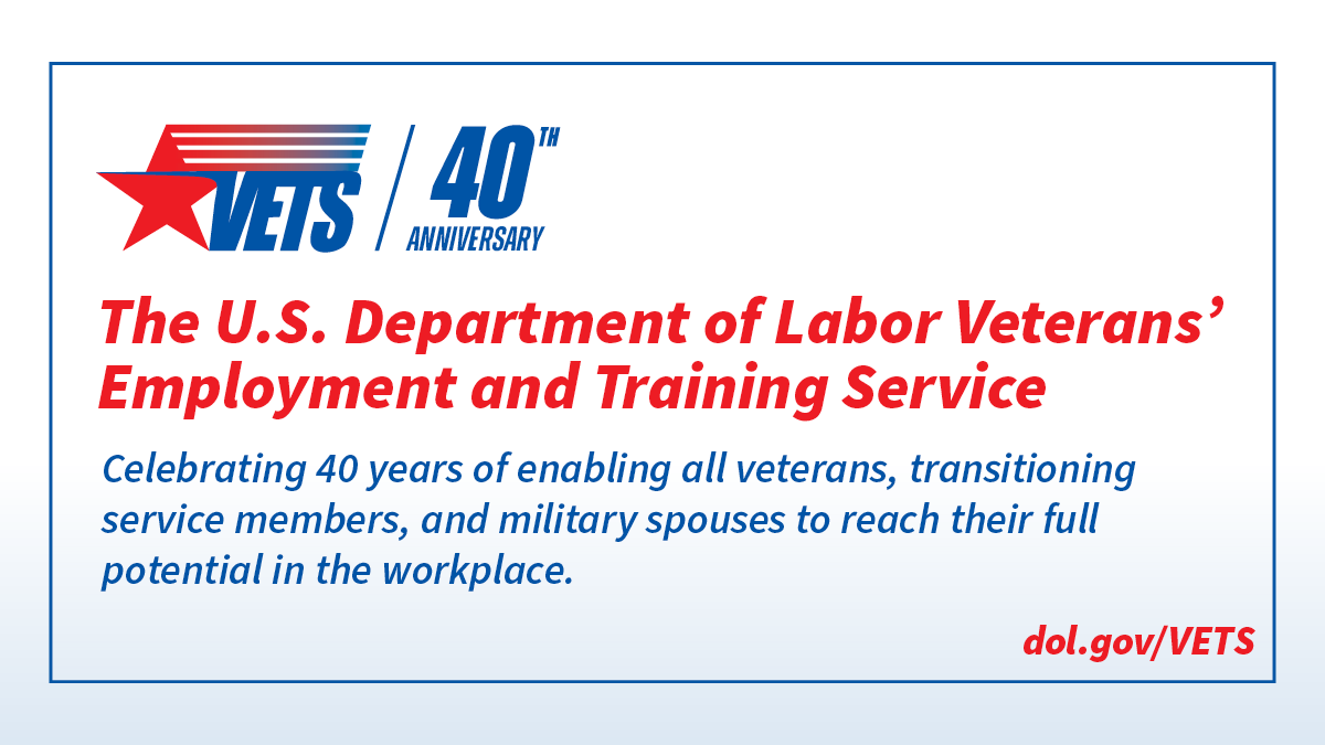 VETS_DOL's tweet photo. Today is VETS 40th Anniversary, help us celebrate by sharing our blog with #veterans, #militaryspouses and transitioning #military members who may need our services. 
https://t.co/2RNCqvjv0o https://t.co/Itfab0Iu5X