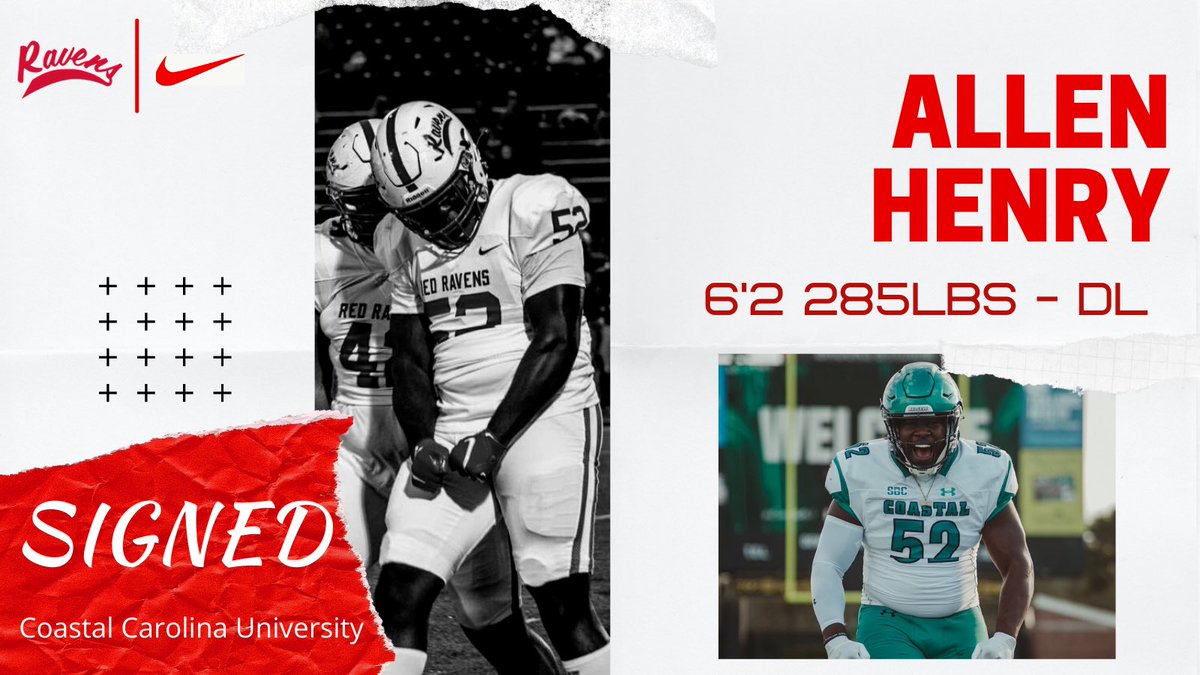 Red_Raven_FB's tweet photo. Congratulations to @AllenHenry52 for signing with Coastal Carolina University. Can not wait to see you do BIG things. Once a Raven, Always a Raven 🦅

#VilleMade #NationalSigningDay @CoastalFootball https://t.co/V2Wm5yvkVp